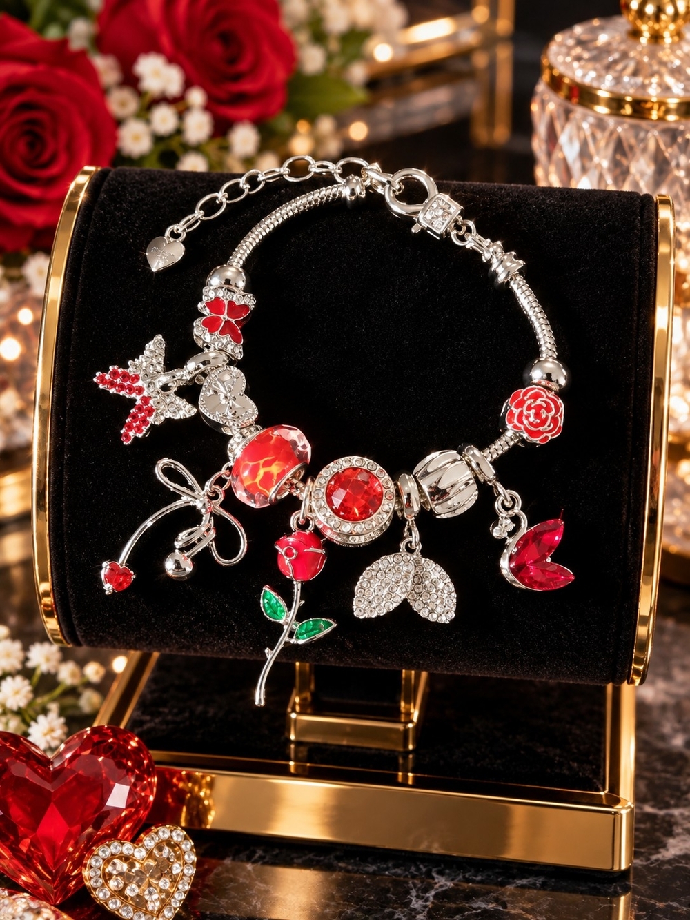 Silver Charm Bracelet with Red Flower & Crystal Charms